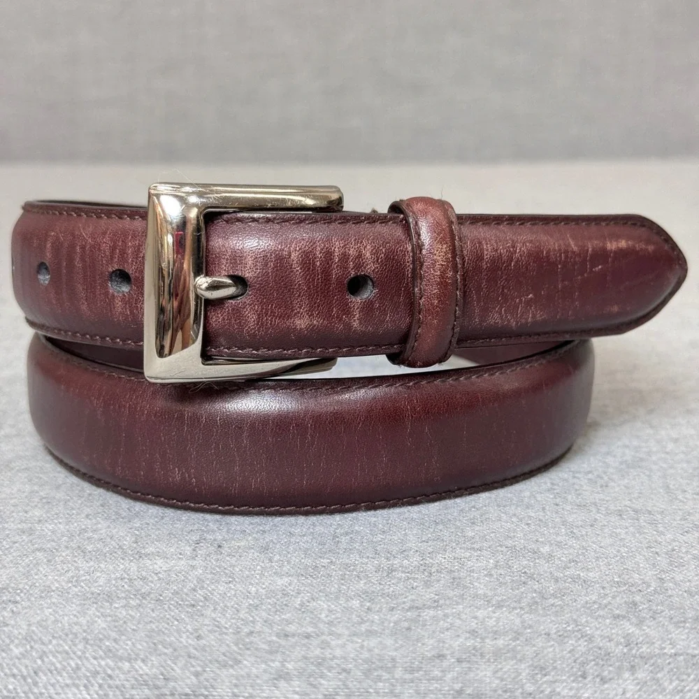 Polo Ralph Lauren Mens Burgundy Italian Leather Belt Size 36 Silver Logo Plaque